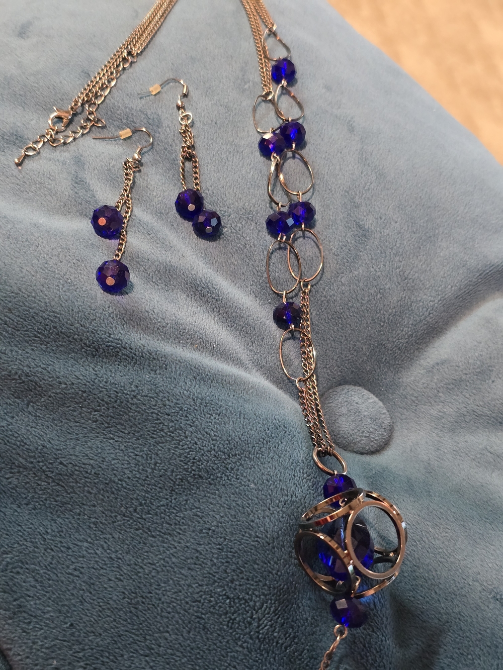 Silver-Tone Necklace & Earring Set with Cobalt Blue Beads